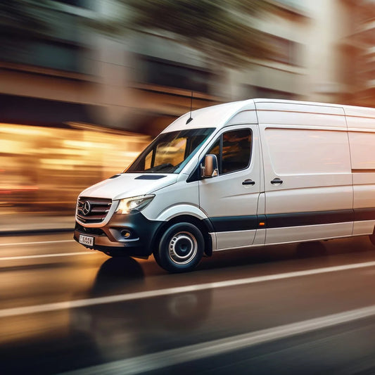 Weißer Transporter fährt durch die Stadt – Umzugs- und Transportfahrten in Wien