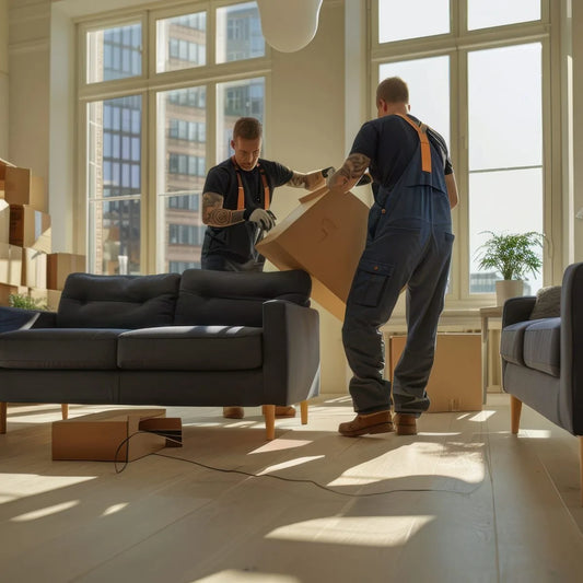 Zwei Umzugshelfer verpacken Möbel in einer hellen Altbauwohnung